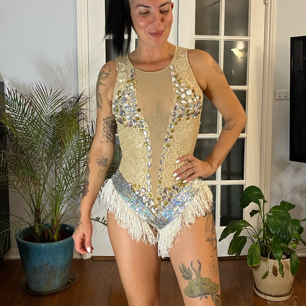 Hand made custom bodysuit , nude with rhinestones and fringe